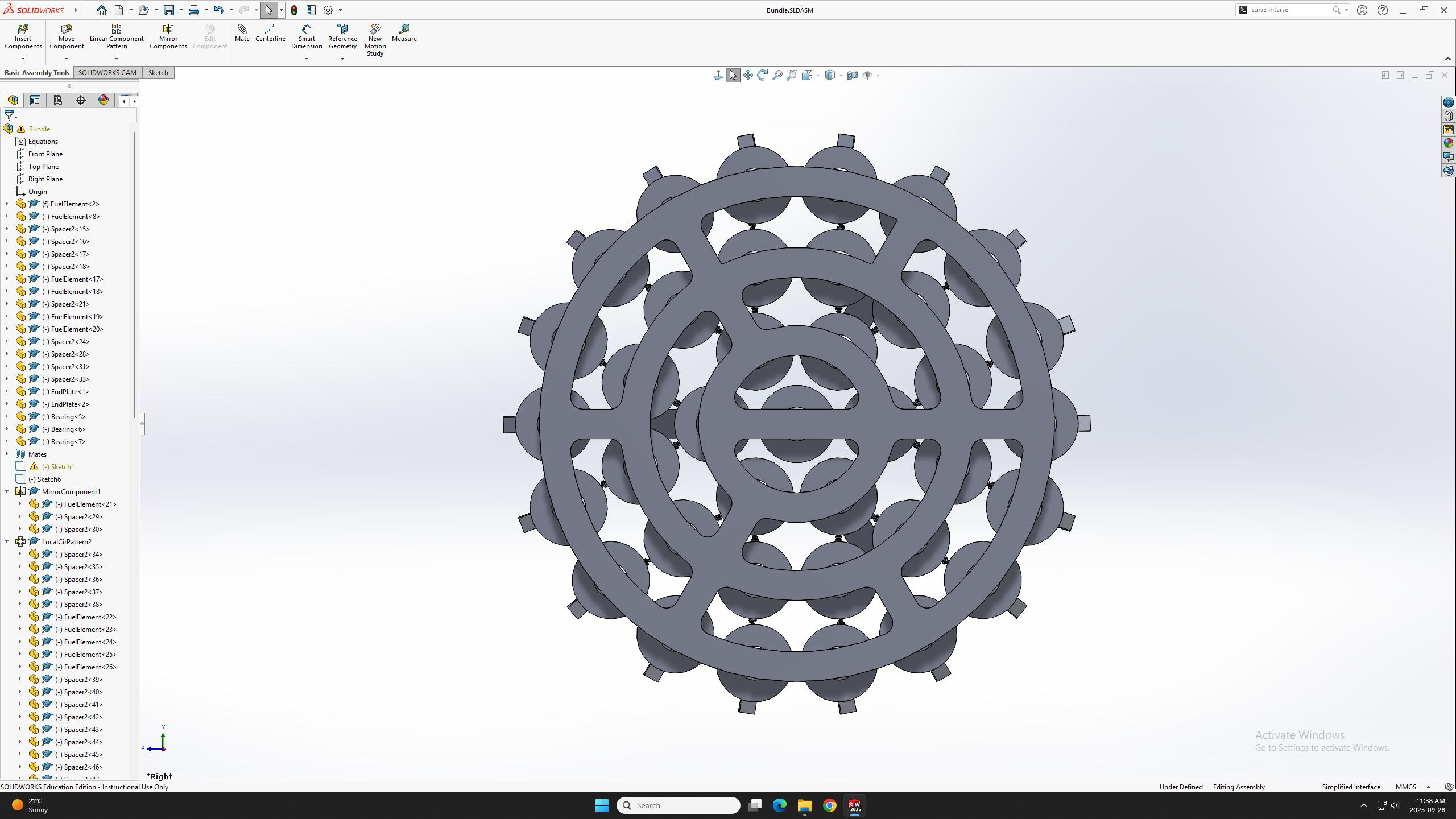 Front view of a fuel bundle modeled in Solidworks