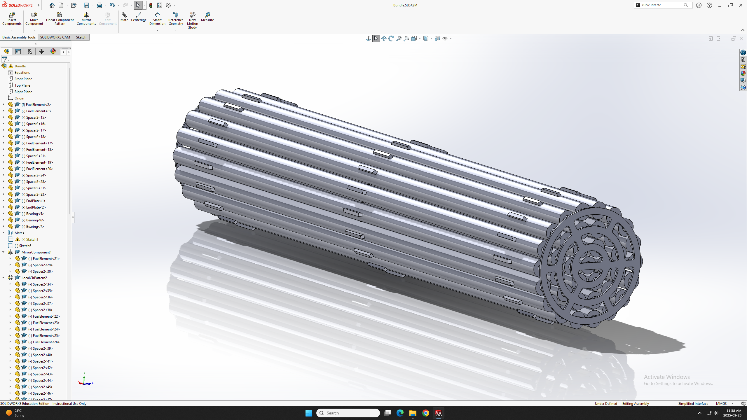 Side view of a fuel bundle modeled in Solidworks
