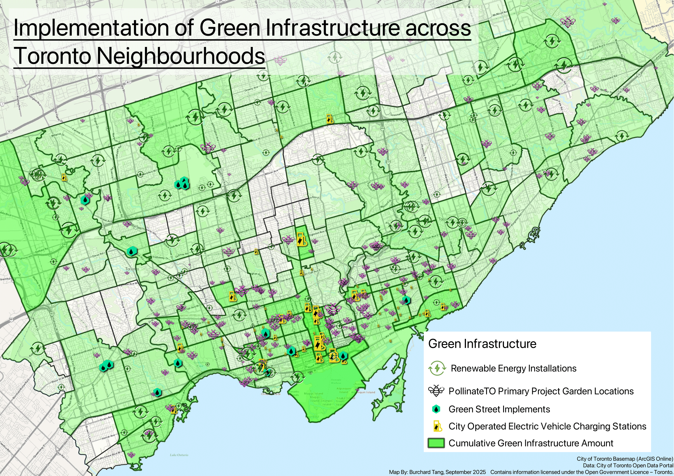 Map of Toronto labeled with green infrastructure